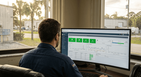 IT monitoring dashboard showing system status with green indicators and performance graphs