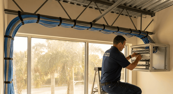 Organized Cat6 cable runs with clean bundling and labeled patch panel connections