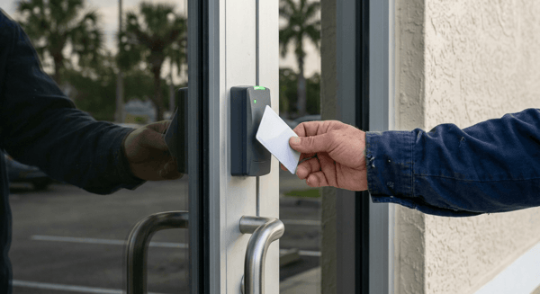 Employee holding access badge approaching card reader with green LED indicating access granted