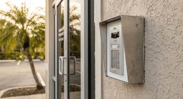 Modern Axis card reader with sleek brushed metal housing mounted next to commercial door