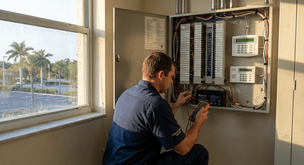 Commercial alarm panel with organized wiring and backup battery in clean utility room