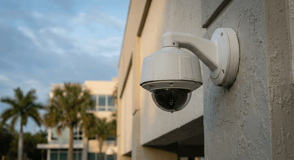 Modern white commercial IP security camera mounted on exterior wall of Florida commercial building