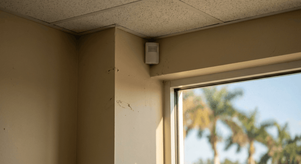 Motion sensor mounted high in corner of commercial space with clean professional installation