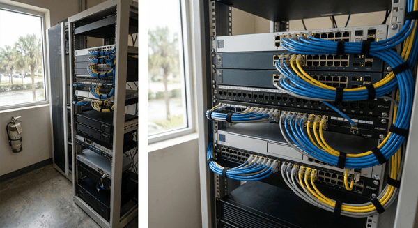 Professional server rack with clean cable management and organized network equipment