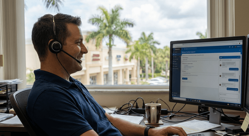 Office employee on headset getting IT support while looking at computer screen