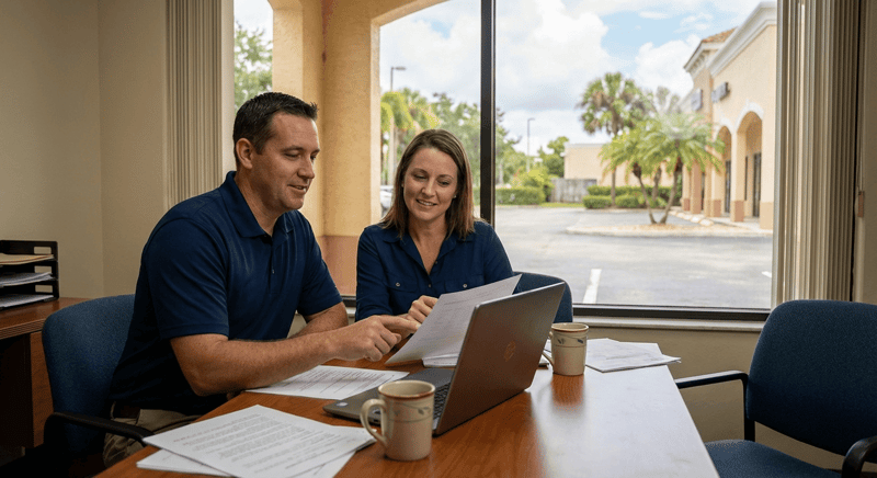 Business owner and consultant discussing project requirements at office desk